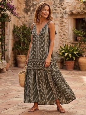 World Market Green Printed Tiered Sleeveless Sundress Boho Cottage Women’s S/M